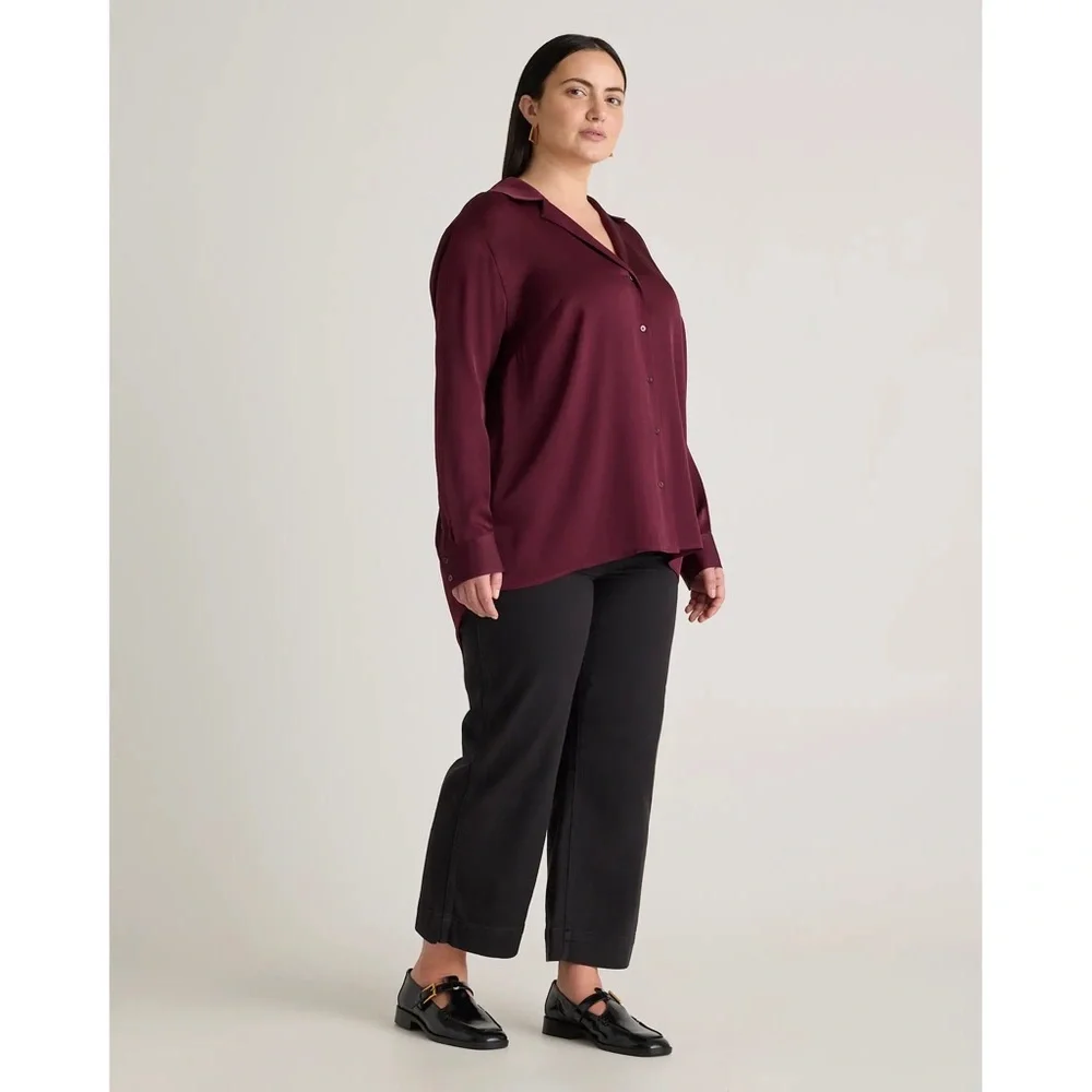 Quince Washable Stretch Silk Notch Collar Button Front Blouse Wine Tasting Red - Picture 3 of 13